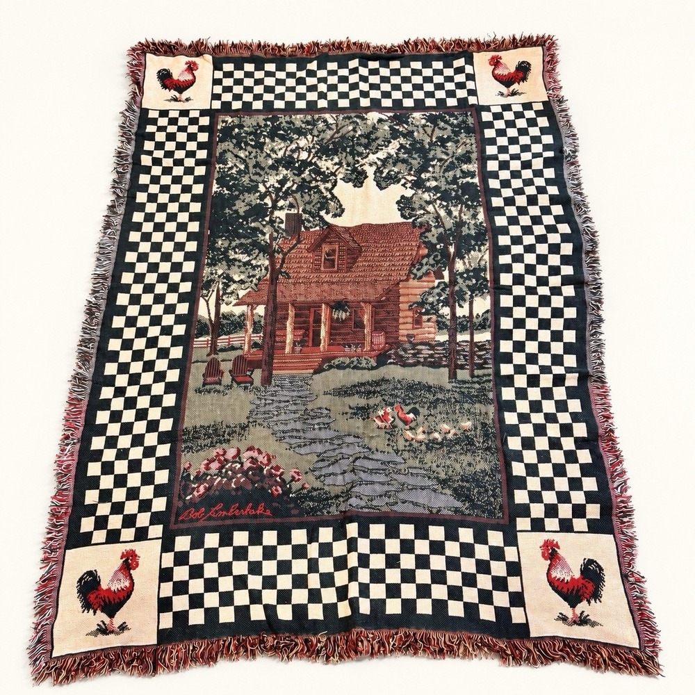 Vintage Bob Timberlake Rooster Woven Tapestry Throw Blanket Boho 70x44 Fringed